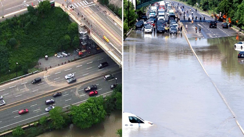 On the left the Don Valley Parkway is shown shortly after it was reopened on Wednesday morning. On the right the highway is shown flooded following torrential rain on Tuesday. (CP24)
