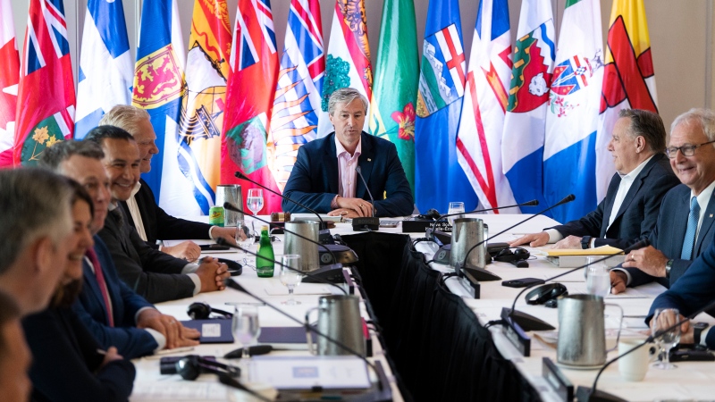 Nova Scotia Premier Tim Houston chairs a meeting with Canada's premiers during the Council of the Federation meetings in Halifax on Tuesday, July 16, 2024. (Darren Calabrese / The Canadian Press)