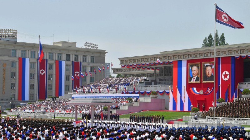 This photo provided Thursday, June 20, 2024, by the North Korean government shows the official welcome ceremony for Russian President Vladimir Putin at the Kim Il Sung Square in Pyongyang, North Korea, Wednesday, June 19. (Korean Central News Agency / Korea News Service via AP)