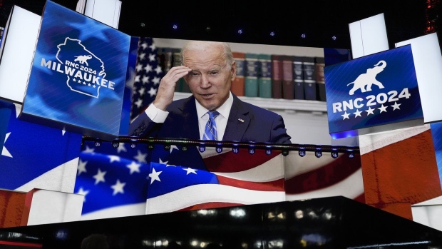 An image of President Joe Biden is projected on a screen during the final night of the Republican National Convention Thursday, July 18, 2024, in Milwaukee. (AP Photo/Carolyn Kaster)