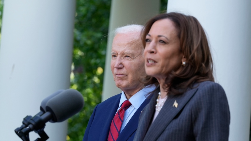 U.S. President Joe Biden listens as Vice President Kamala Harris speaks in the Rose Garden of the White House in Washington, May 13, 2024.(AP Photo/Susan Walsh, File)