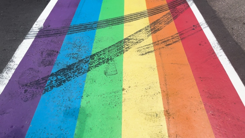Tire marks are seen on the rainbow crosswalk in Pembroke, Ont. July 23, 2024. (Jackie Perez/CTV News Ottawa)