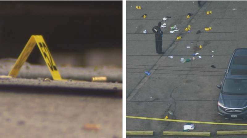 Shell casings are shown on the ground at the scene of a quadruple shooting in Scarborough on July 24. (CP24)