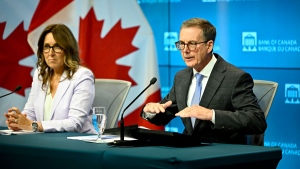 Governor of the Bank of Canada Tiff Macklem and Senior Deputy Governor Carolyn Rogers participate in a news conference on the bank's interest rate announcement, and the release of the quarterly Monetary Policy Report, in Ottawa, on Wednesday, July 24, 2024. THE CANADIAN PRESS/Justin Tang