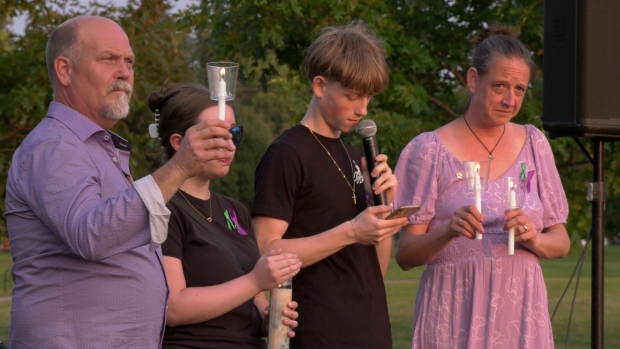 The Broadfoot family is seen at a vigil being held for Breanna Broadfoot, 17, who died as a result of intimate partner violence. July 24, 2024. (Bryan Bicknell/CTV News London)