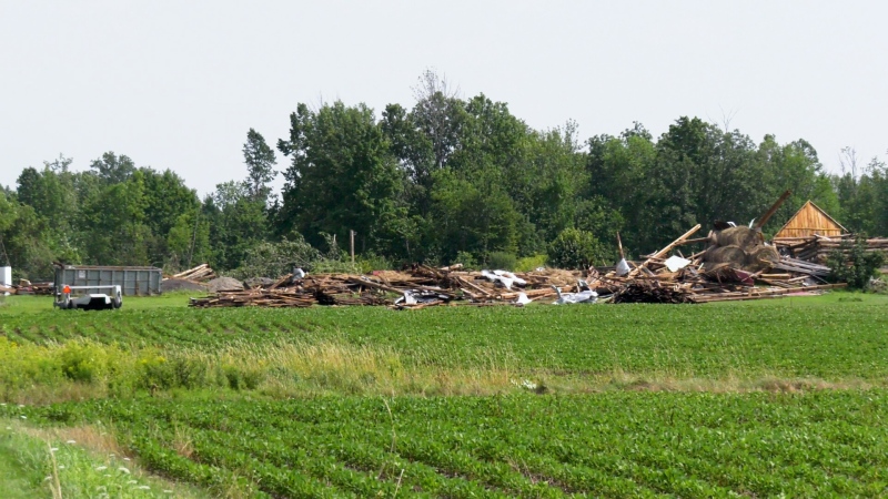 The remains of the barn on the Brady family farm in Tay Valley, Ont. are seen on July 26, 2024. A tornado destroyed the barn on July 24, 2024. (Dylan Dyson/CTV News Ottawa)