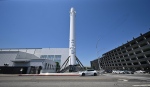 A Falcon 9 first-stage booster is seen on display at SpaceX headquarters in Hawthorne, California, on July 16. (Frederic J. Brown/AFP/Getty Images via CNN Newsource)