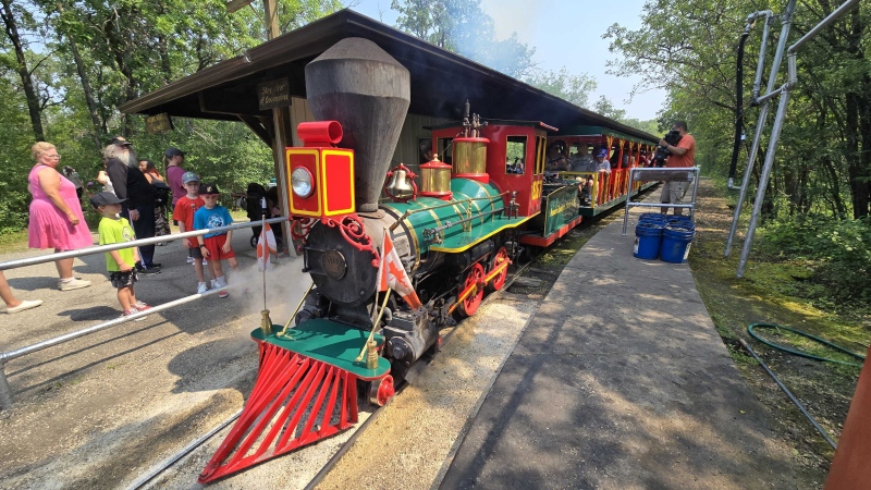 People line up to ride the Assiniboine Park Steam Train on July 29, 2024. The train was marking its 60th anniversary on Monday. (Dan Timmerman/CTV News Winnipeg)