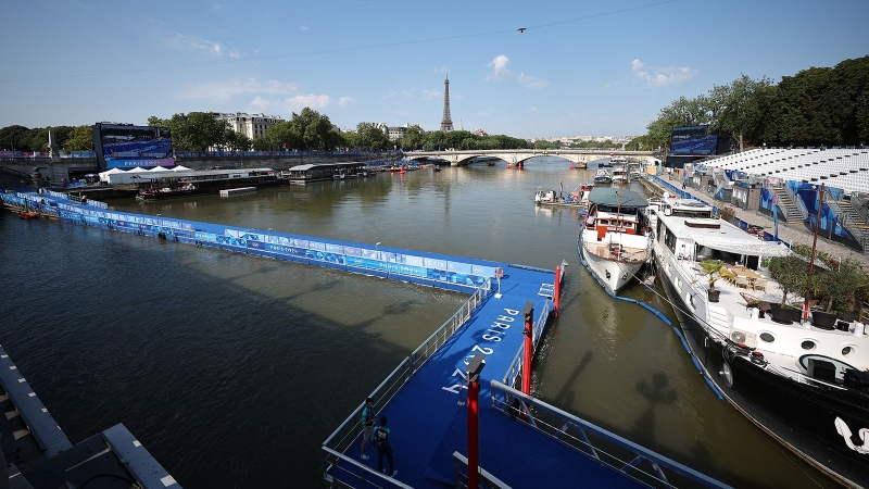 View of the Seine with the grandstands and the Eiffel Tower in the background in Paris July 29. (Sven Hoppe / dpa / picture alliance / Getty Images via CNN Newsource)