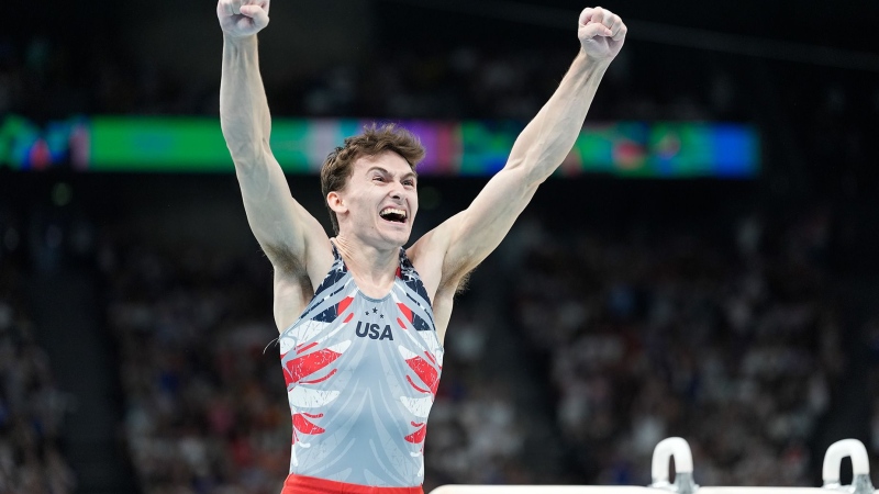 Stephen Nedoroscik helped the US men's gymnastics team take home its first medal in 16 years with his near-perfect pommel horse routine. (Abbie Parr / AP via CNN Newsource)