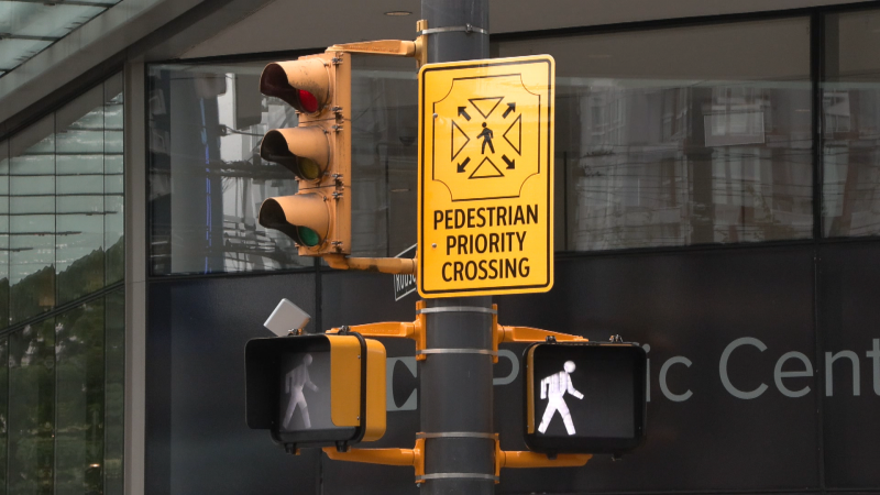 Pedestrians now have another way to cross the street at one of downtown Vancouver's busiest intersections — thanks to a new "scramble" crosswalk.