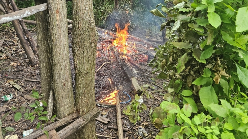 A fire at an encampment at Howard Watson Trail in Sarnia on July 30, 2024. (Source: Sarnia police)