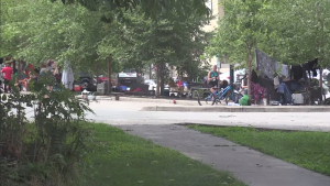 A large encampment located in a municipal parking lot for several days in the Old East Village (Daryl Newcombe/CTV News London)