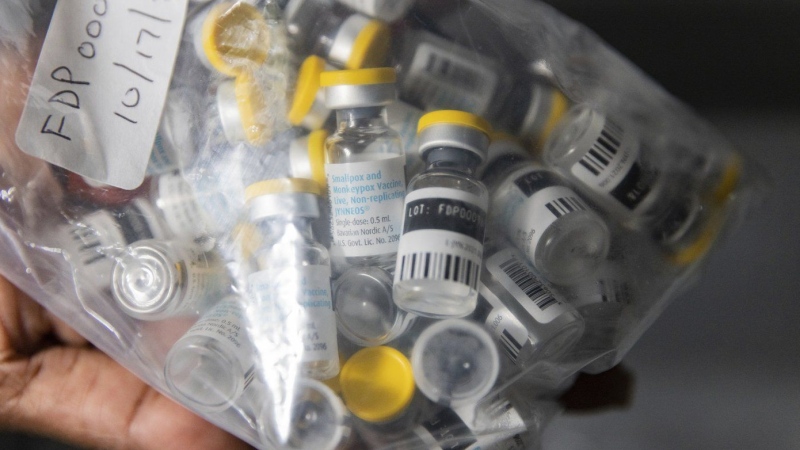 Vials of single doses of the Jynneos vaccine for monkeypox are seen from a cooler at a vaccinations site on Aug. 29, 2022. (AP Photo/Jeenah Moon, File)