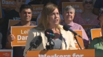 Leila Dance, the NDP candidate in the Elmwood-Transcona byelection, speaks after receiving endorsements from labour leaders on Aug. 1, 2024. (Dan Timmerman/CTV News Winnipeg)