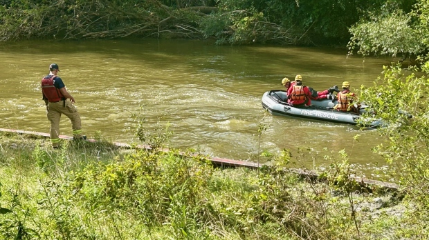 The London Fire Department’s water rescue team searching for a child seen entering the Thames River near the 800-block of Kipps Lane on Aug. 1, 2024. (Sean Irvine/CTV News London)