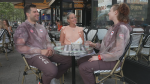 CTV News' Genevieve Beauchemin (centre) with Team Canada's fencers Fares Arfa (left) and Eleanor Harvey (right)