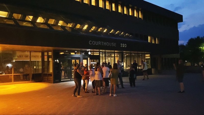 Outside the Lethbridge, Alta. courthouse after a late-night verdict was announced in the Coutts conspiracy case, Friday, Aug. 2, 2024. (Photo: Karsen Marczuk)