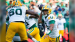 Edmonton Elks quarterback Tre Ford (2) winds up to throw against the Saskatchewan Roughriders during the first half of CFL football action in Regina, on Saturday, Aug. 3, 2024. THE CANADIAN PRESS/Heywood Yu