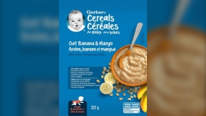 The recalled product is Gerber's oat, banana and mango baby cereal in the 227-gram size with the lot code 3334007809 and best-before date of May 30, 2025. (Canadian Food Inspection Agency)