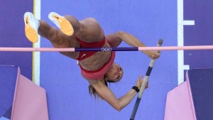 Alysha Newman, of Canada, competes in the women's pole vault qualification at the 2024 Summer Olympics, Monday, Aug. 5, 2024, in Saint-Denis, France. (Source: AP Photo/David J. Phillip)
