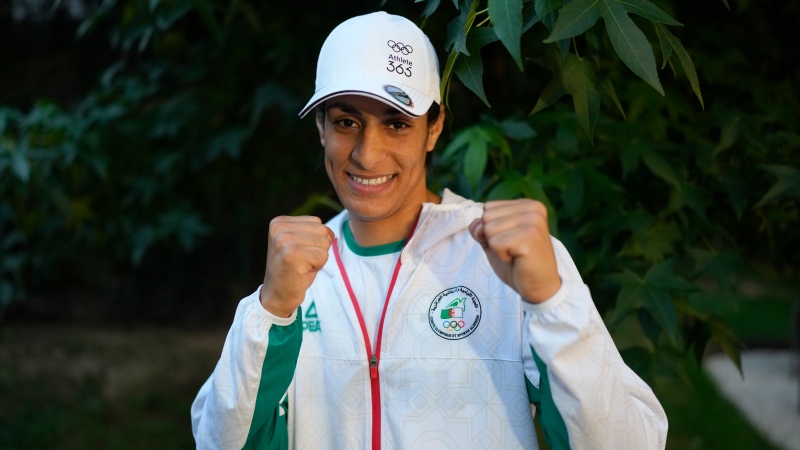 Algerian boxer Imane Khelif poses for a photo after an interview with SNTV in Paris on Aug. 4, 2024. (Vadim Ghirda / AP Photo)