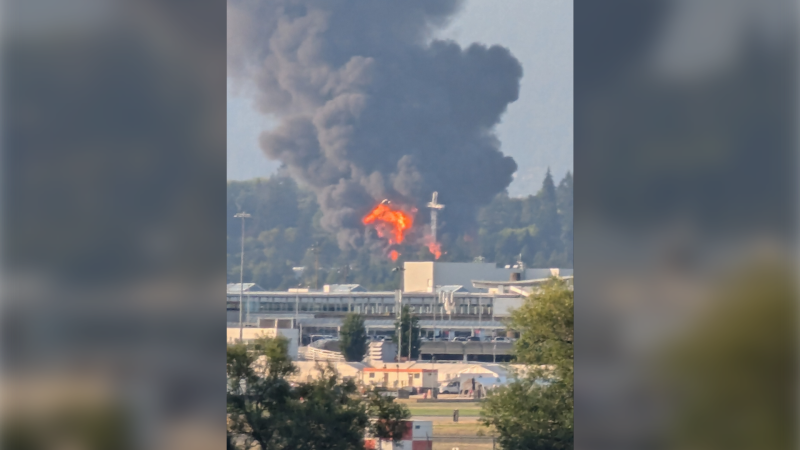 A plume of smoke and flames are seen in the area of 41st Avenue and Collingwood Street on Tuesday, Aug. 6. (Courtesy: @YYCRS1/X)