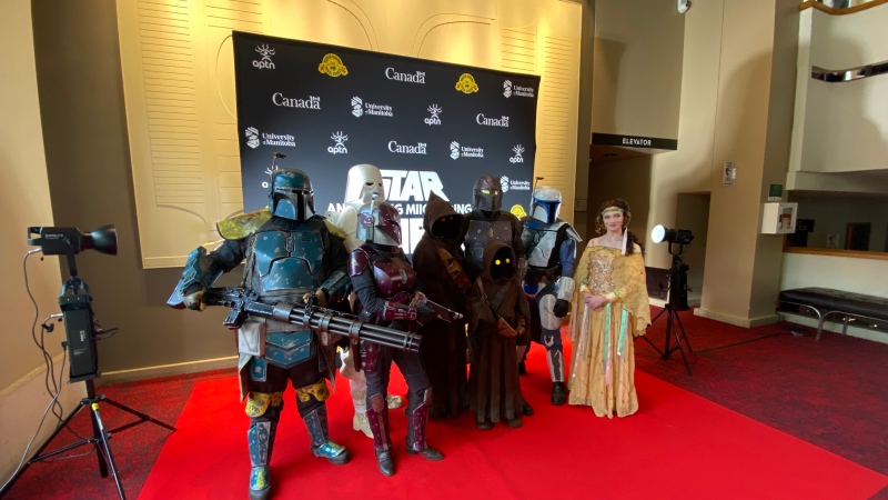 People dressed as Star Wars characters walk the red carpet at the premiere of 'Star Wars: A New Hope' in the Ojibwe language on Aug. 8, 2024. (Danton Unger/CTV News Winnipeg)