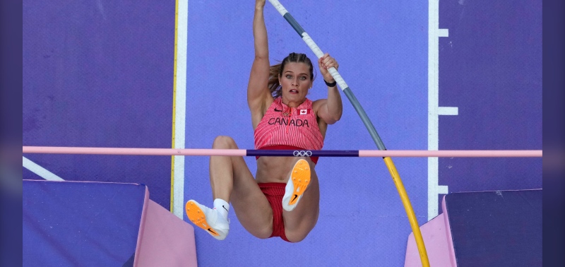 Canada's Alysha Newman competes in the women's pole vault Olympics qualification in Saint-Denis, France on Aug. 5, 2024. (David J. Phillip / AP Photo) 