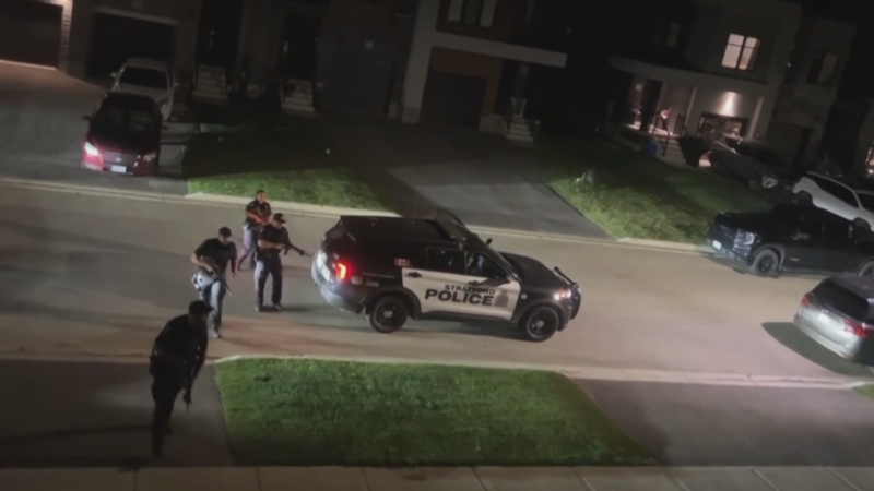 Video still of the Stratford Police's response to a fatal triple shooting. (Source: Janshant Singh/CTV News)