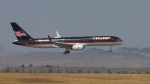 Former U.S. president Donald Trump's Boeing 757 arrives at the Billings Logan International Airport in Billings, Mont., Aug. 9, 2024, en route to Bozeman. (Larry Mayer/The Billings Gazette via AP)