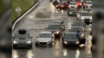 Cars are stopped on the Decarie Expressway in Montreal as heavy rainfall drenched the city on Friday, Aug. 9, 2024. (Source: @DevinZiggy/X.com)