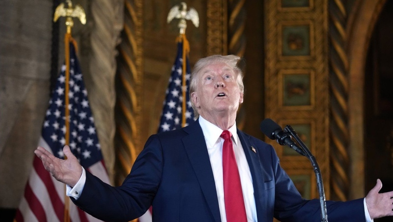 Republican presidential nominee former U.S. president Donald Trump talks about the size of the room as he speaks to reporters during a news conference at his Mar-a-Lago estate Thursday, Aug. 8, 2024, in Palm Beach, Fla. (AP Photo/Alex Brandon)