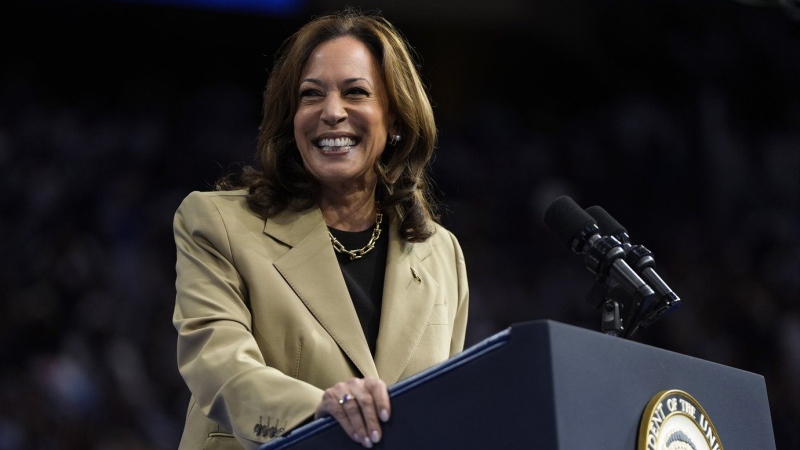 Democratic presidential nominee Vice President Kamala Harris speaks at a campaign rally at Desert Diamond Arena, Friday, Aug. 9, 2024, in Glendale, Ariz. (AP Photo/Julia Nikhinson)