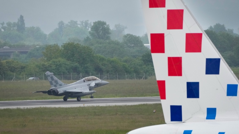 A French made Rafale fighter jet lands at the international airport in Zagreb, Croatia, April 25, 2024. (AP Photo/Darko Bandic)