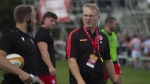 Canada's Senior Men's 15 team coach Kingsley Jones looks on during the team's warm up prior to the first match of the Rugby World Cup 2023 Qualification Pathway against the US Eagles, at the Swilers Rugby Club in St. John's, Saturday, Sept. 4, 2021. THE CANADIAN PRESS/Paul Daly