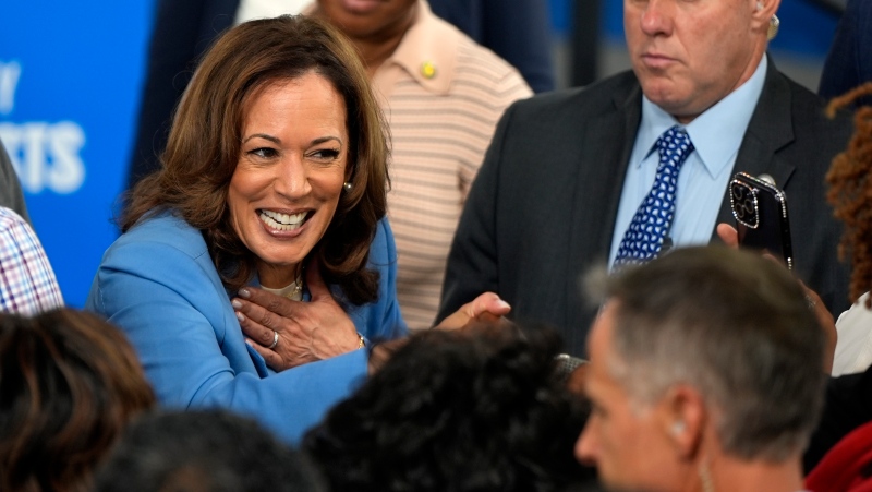 Democratic presidential nominee Vice President Kamala Harris greets supporters at a campaign event at Hendrick Center for Automotive Excellence on the Scott Northern Wake Campus of Wake Tech Community College in Raleigh, N.C., Friday, Aug. 16, 2024. (AP Photo/Mike Stewart) 