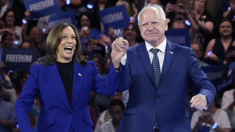 Democratic presidential nominee U.S. Vice President Kamala Harris and running mate Minnesota Gov. Tim Walz appear at the Fiserv Forum during a campaign rally in Milwaukee, Tuesday, Aug. 20, 2024. (AP Photo/Jacquelyn Martin)