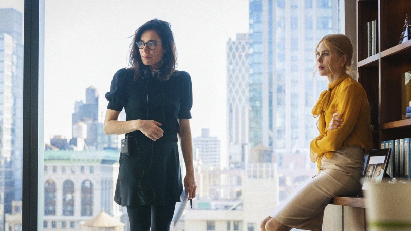 This image released by A24 shows director Halina Reijn, left, and Nicole Kidman on the set of 