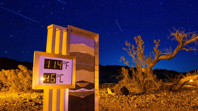 The recorded temperature on a thermostat is shown at the Furnace Creek Visitors Center in Death Valley National Park, Calif., after 10 p.m. on July 7, 2024. (Ty ONeil / AP Photo)