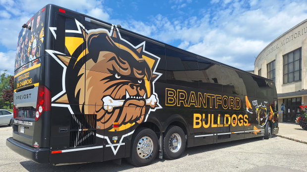 The Brantford Bulldogs team bus is seen parked outside the Kitchener Memorial Auditorium in this file photo taken on September 1, 2024. (Shelby Knox/CTV News)