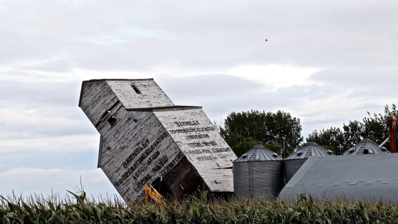 The grain elevator in Barnsley, Manitoba was torn down in August 2024. (Bev McLean)