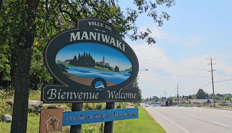 The Maniwaki welcome sign is seen on the side of the road in the Quebec town of nearly 4,000 people. (Kimberley Fowler/CTV News Ottawa)