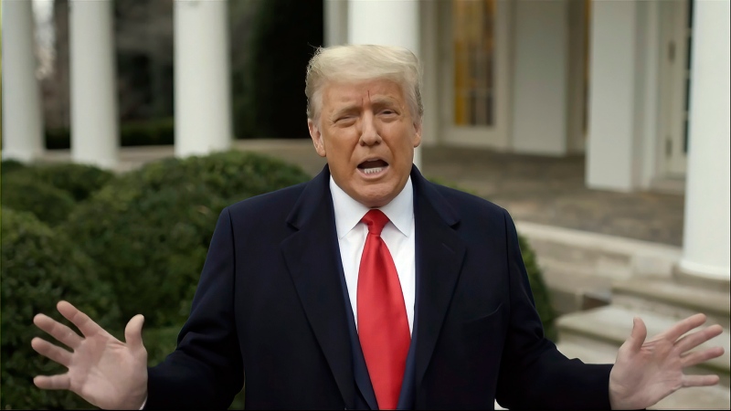 Former U.S. president Donald Trump records a video statement on the afternoon of Jan. 6, 2021, from the Rose Garden, displayed at a hearing by the House select committee investigating the Jan. 6 attack on the U.S. Capitol. (House Select Committee via AP)