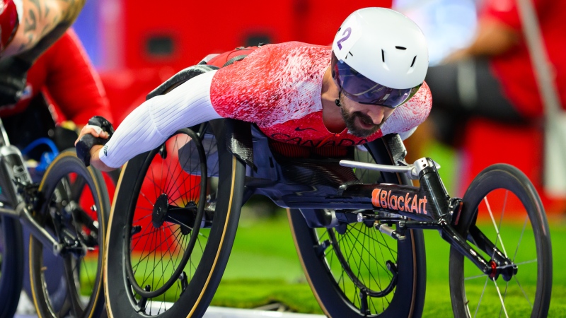 Brent Lakatos competes in the Men’s 5000m T54 Final at the 2024 Paralympic Games in Paris, France on August 31, 2024. The veteran wheelchair racer from Dorval, Que., owns fistfuls of Paralympic medals, but not quite enough gold for his liking kept the 44-year-old racing to Paris. (The Canadian Press/Ho-Canadian Paralympic Committee, Angela Burger)