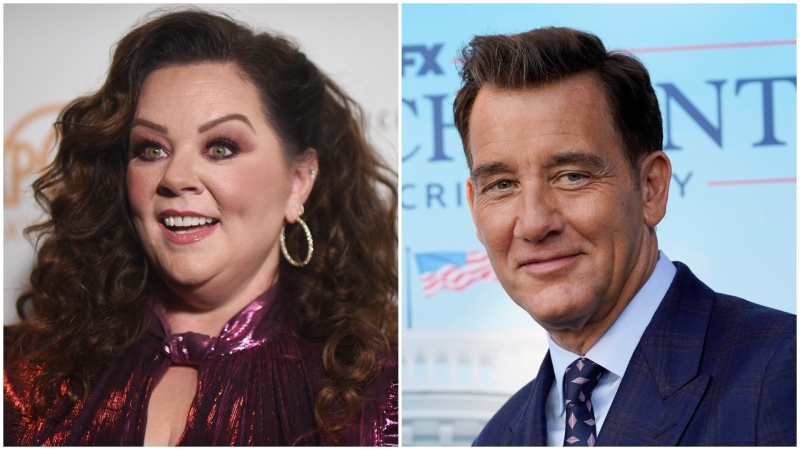 Melissa McCarthy arrives at the 35th Annual Producers Guild Awards on Sunday, Feb. 25, 2024 (Photo by Richard Shotwell/Invision/AP) and Clive Owen poses at the premiere of the FX limited television series 'Impeachment' on Wednesday, Sept. 1, 2021. (AP Photo/Chris Pizzello)