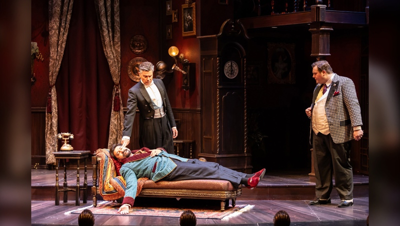 Alexander Ariate, John Ullyatt, Joel Schaefer in The Play That Goes Wrong, at Theatre Calgary through Sept.29. (Photo: Nanc Price)