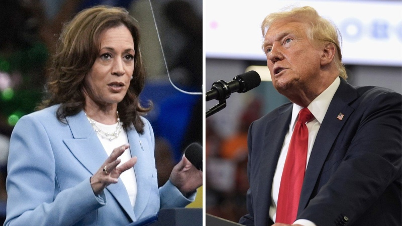 This combination of photos taken at campaign rallies in Atlanta shows Vice President Kamala Harris on July 30, 2024, left, and Republican presidential candidate former President Donald Trump on Aug. 3. (AP Photo)