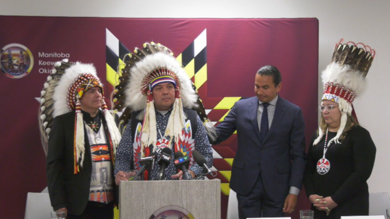 From left to right: Manitoba Keewatinowi Okimakanak Grand Chief Garrison Settee, Brokenhead Ojibway Nation Chief Gordon Bluesky, Manitoba Premier Wab Kinew and Assembly of First Nations National Chief Cindy Woodhouse on Sept. 6, 2024. (Alexandra Holyk/CTV News Winnipeg)