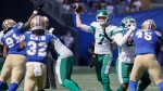 Saskatchewan Roughriders quarterback Trevor Harris (7) throws against the Winnipeg Blue Bombers during the first half of CFL Banjo Bowl action in Winnipeg Saturday, September 7, 2024. THE CANADIAN PRESS/John Woods